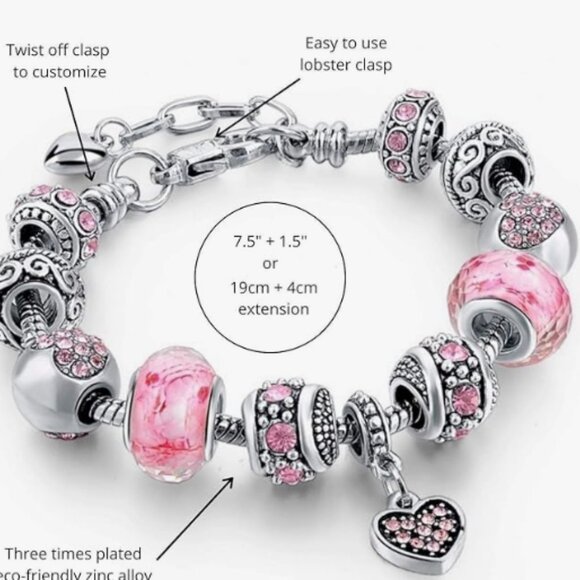 Pink Hearts Silver Plated Charm Bracelet Set - Picture 2 of 3